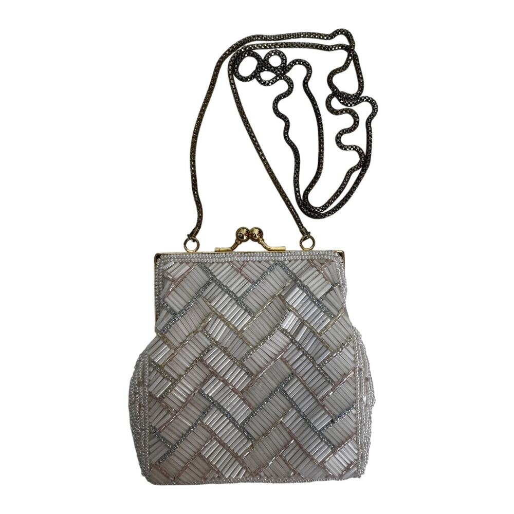 1980s La Regale Ltd White Bugle Beaded Mini Evening Bag